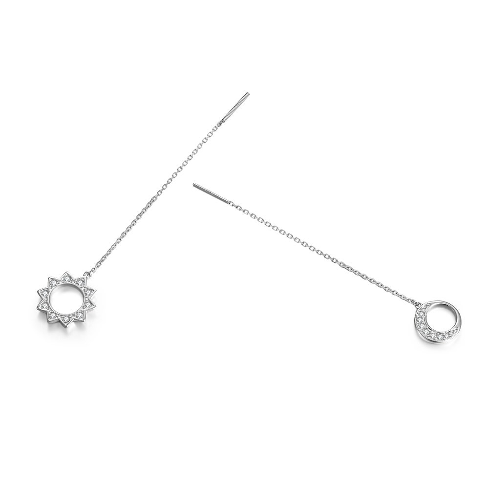 Stering Silver 925 Long Tassels Hook Asymmetric Star & Moon Earrings