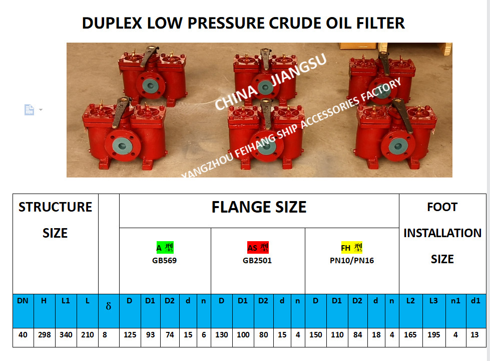Marine Duplex Oil Filter And Duplex FUEL Oil Filter AS40-0.18/0.13 CB/T425-94 Cast Iron Body,With Filter Element