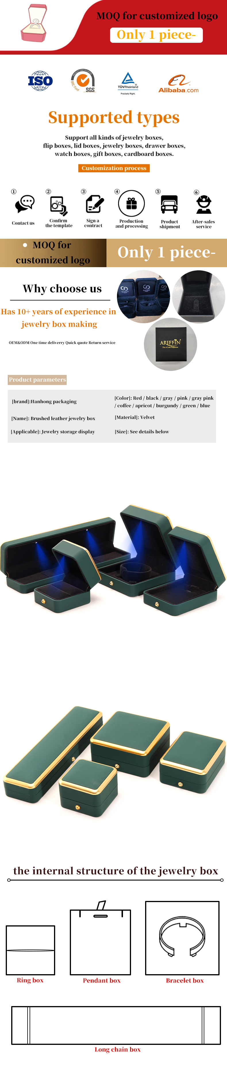 Square Green LED Jewelry Box for Luxury Packaging of Necklaces and Rings Customizable
