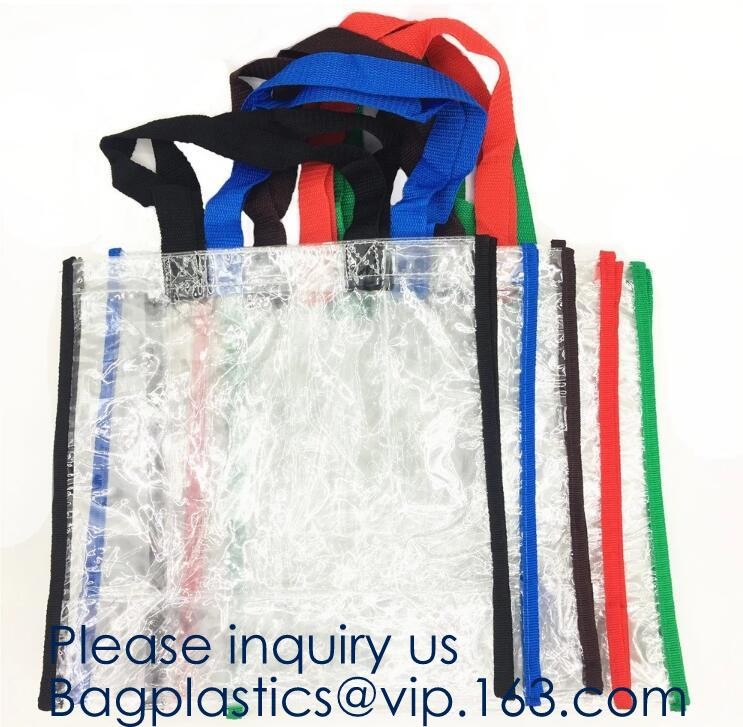 Waterproof All Over Printing PVC Coating Tote Shoulder Fabric Shopping Bag With Gusset And Lining,Jelly Clear Plastic PV