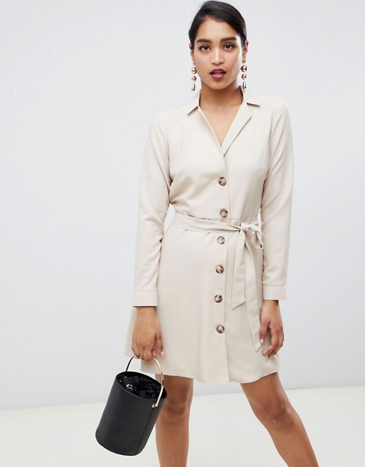 custom made fashion beige mini shirt dress with buttons