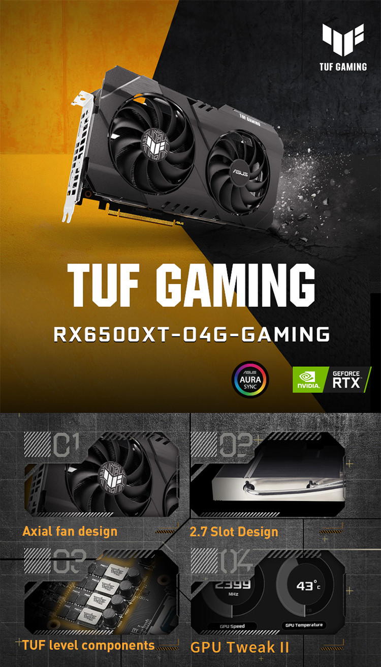Geforce RX 6500XT Gaming Graphics Card 4G GDDR6 PCI Express 4.0x16 TUF-RX6500XT-O4G-GAMING