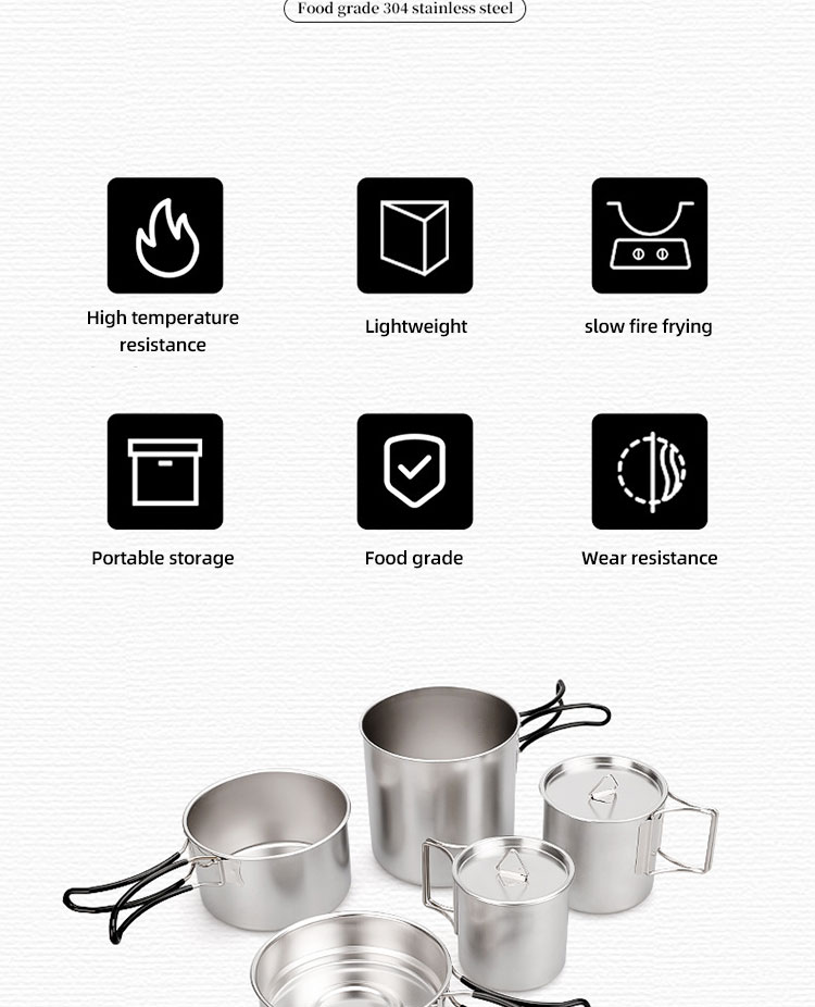 New Arrival 7 Pcs 304 Stainless Steel Camping Cookware Set Multi-person Soup Pot Set Outdoor Cooking Pot Set For Hiking