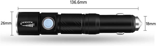 3W 350Lm USB Rechargeable LED Flashlight With Safety Hammer 3 Modes