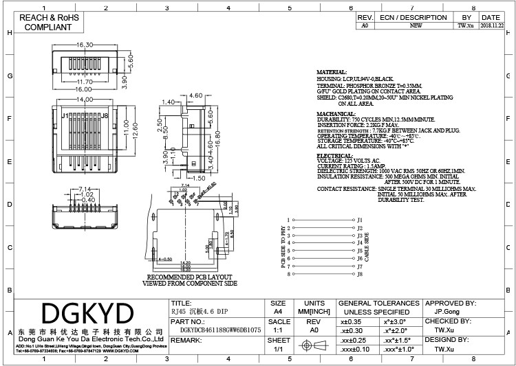 DGKYDCB461188GWW6DB1075 Submersible RJ45 Connector Ultra Thin Interface LCP Material Without Filter 8P8C