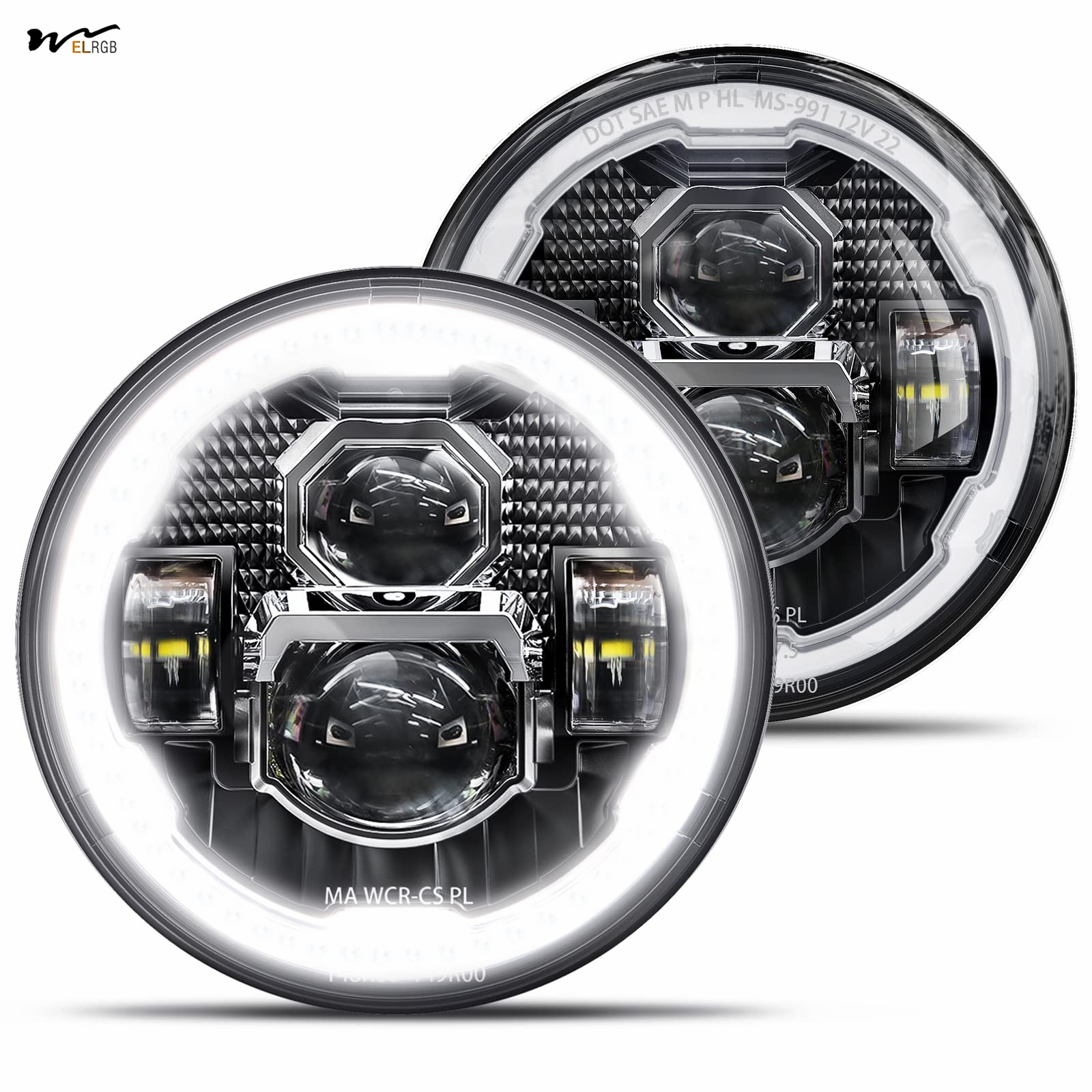 Waterproof 7 Inch Led Headlights Halo Round Turn Signal Hi/Low Sealed Beam for Car