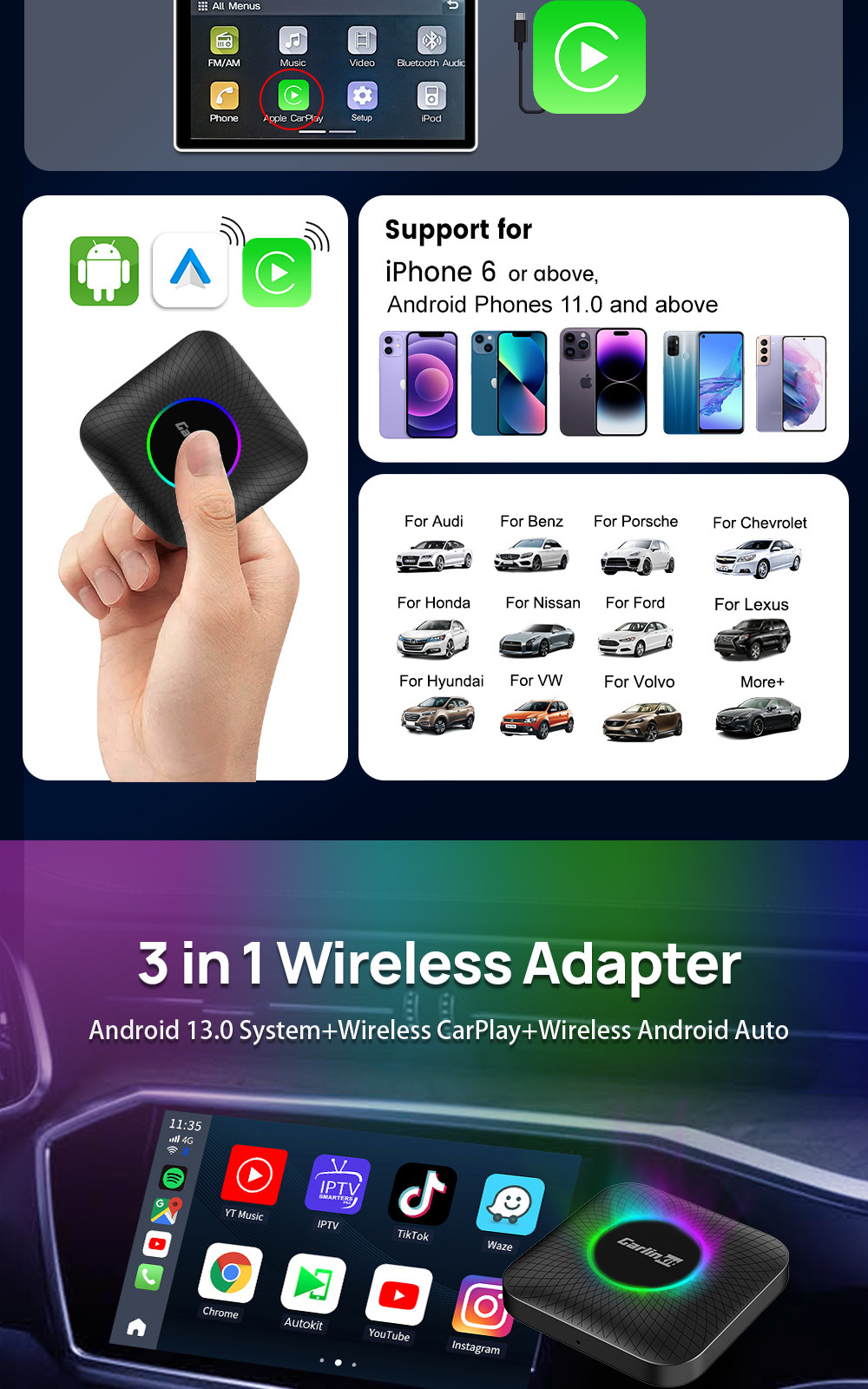 Multi-media TBox CPC200-tbox ambient Wireless Adapter Carplay & android auto AI Box Android 13 8+128GB QCM6225 8-core TV Auto