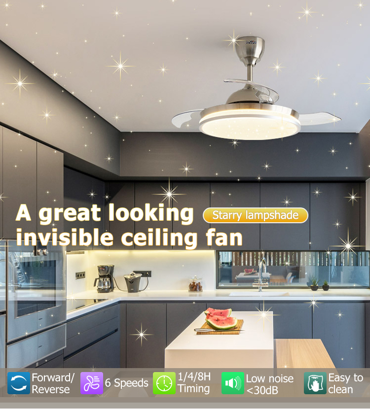 Starry Decorative LED Ceiling Fan with Retractable Hidden Blades and Air Conditioning