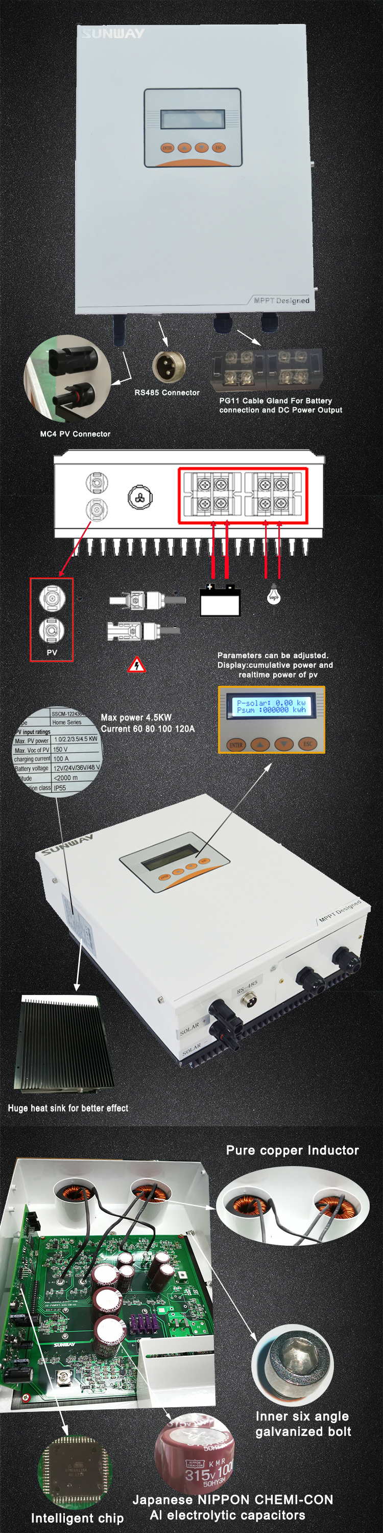 MPPT Solar Charge Controller 48V 80A 100A for Direct Supply and Max PV Power 4000Wp