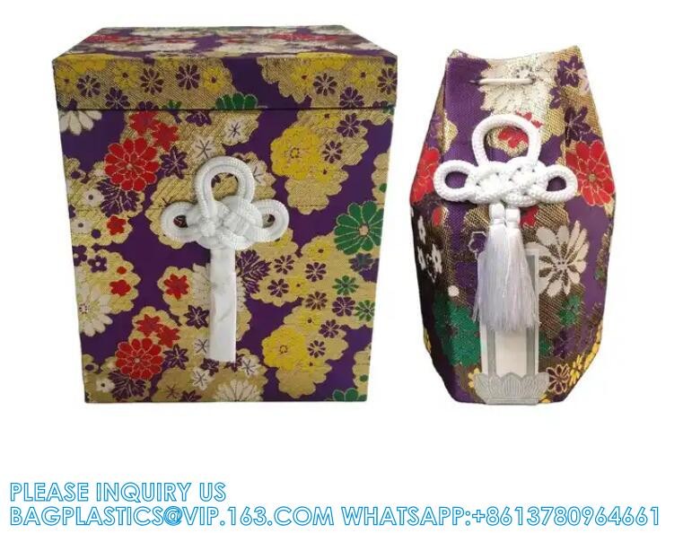 Japanese Funeral Wooden Urn Bone Box And Bag With Flower Pattern Funeral Keepsake Ash Box and Bone Bag