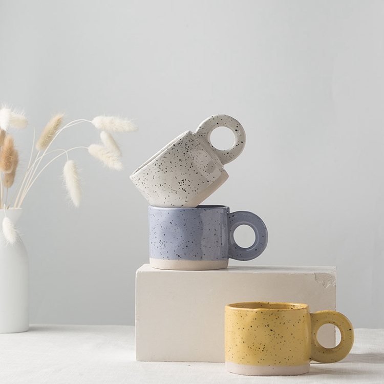 300ML Ceramic Nordic Ring Handle Coffee Mug Speckled Brief Novelty Pattern Milk Tea Cup Breakfast Milk Mug