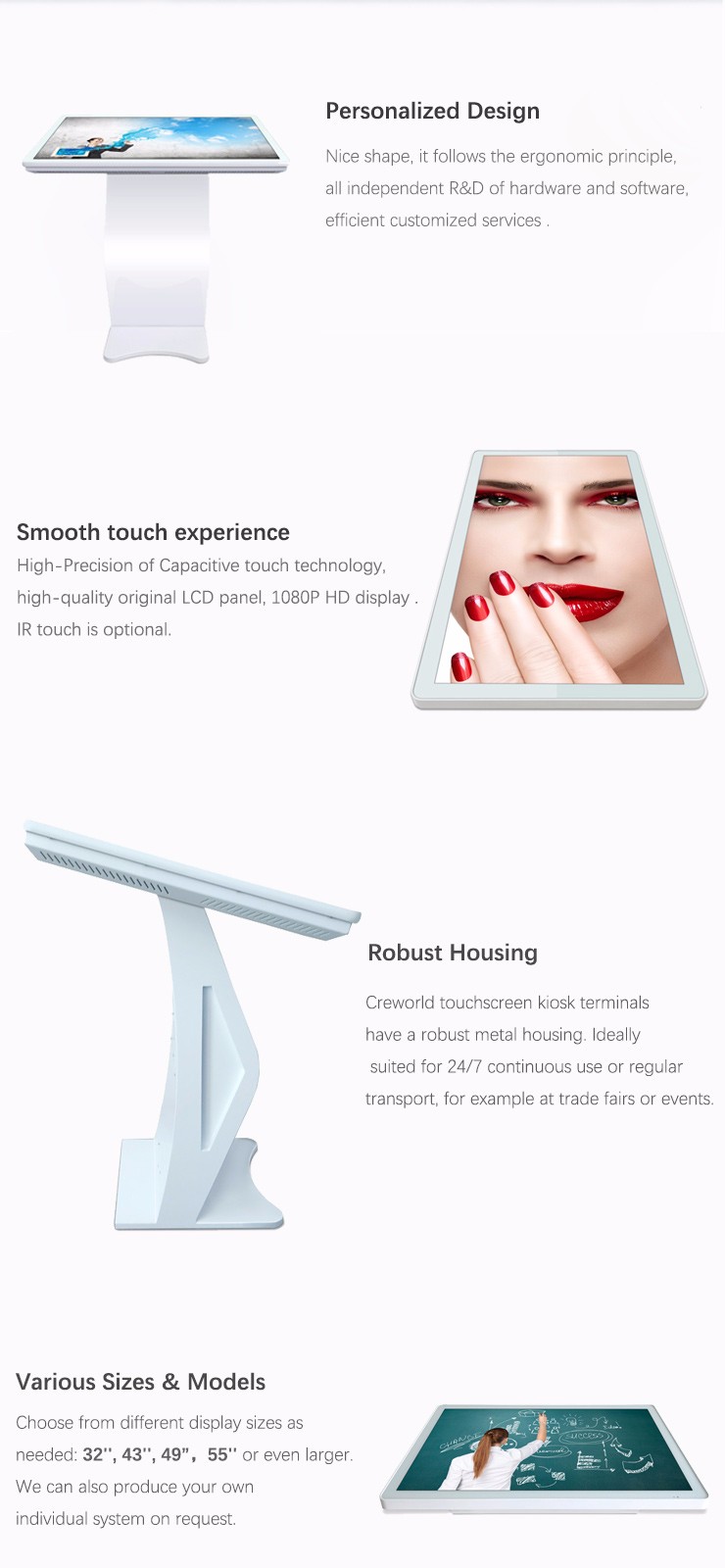 LCD Capacitive Touch Screen Free Standing Digital Signage All In One Touch Kiosk