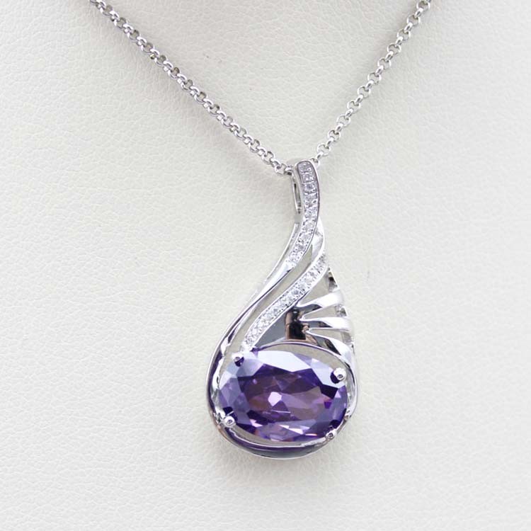 Women Silver Jewelry Oval 9mmx13mm Amethyst Cubic Zircon Pendant(P41)