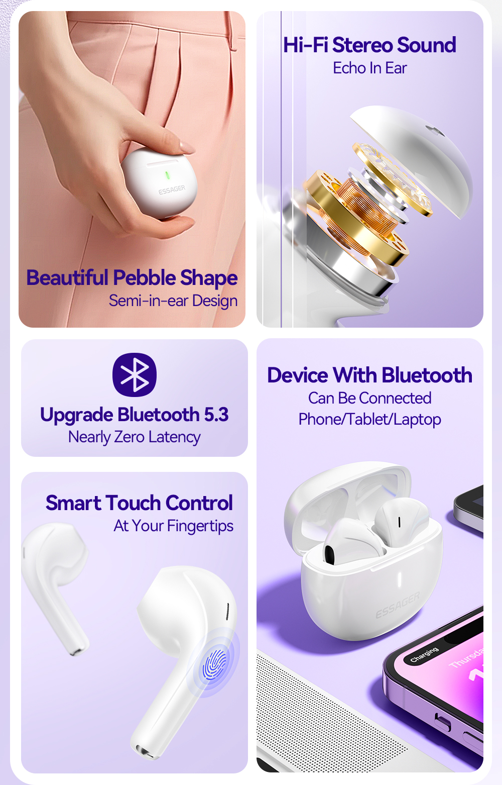 ESSAGER D 8 Series TWS Wireless Earbuds BT Ear Buds With Touch Control