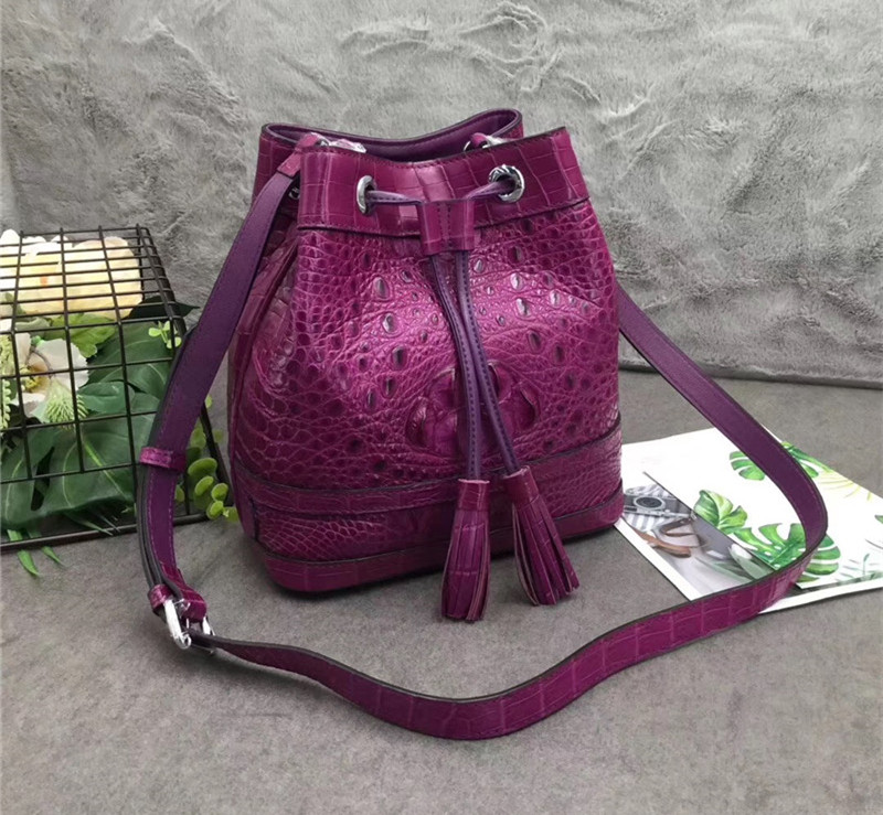 Authentic Crocodile Skin Drawstring Closure Women's Bucket Purse Exotic Alligator Leather Lady Small Tassel Shoulder Bag