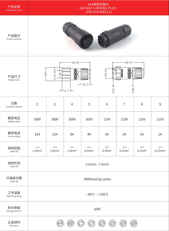 M14 Small Self-Locking Waterproof Electrical Assembly Push Lock Connector 2 3 Pin