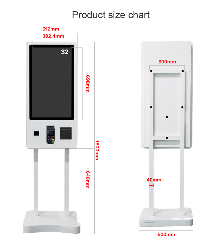 Android Win 10 32 Inch Restaurant Touch Screen Self Ordering Kiosk With Thermal Printer NFC card reader