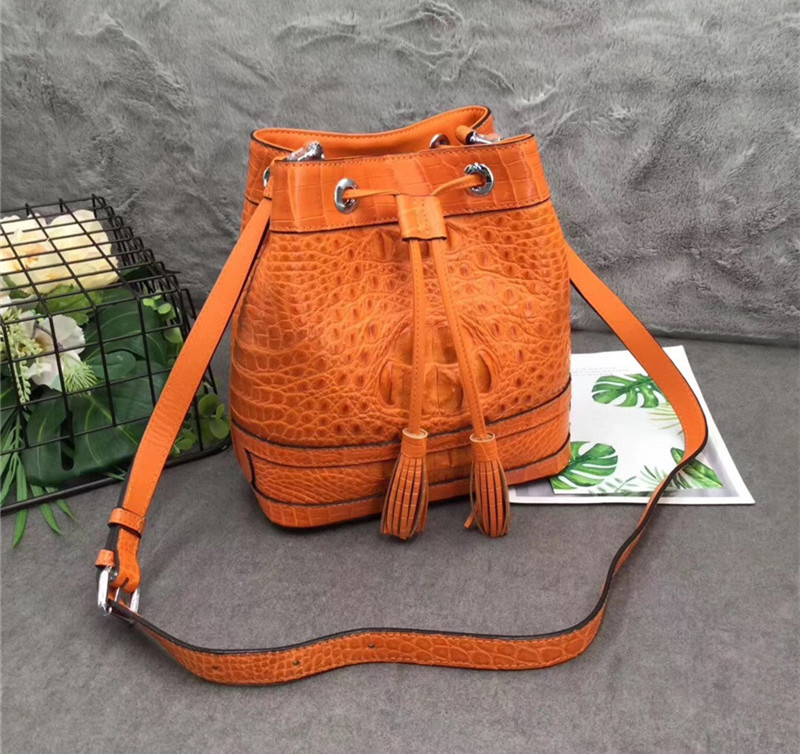 Authentic Crocodile Skin Drawstring Closure Women's Bucket Purse Exotic Alligator Leather Lady Small Tassel Shoulder Bag