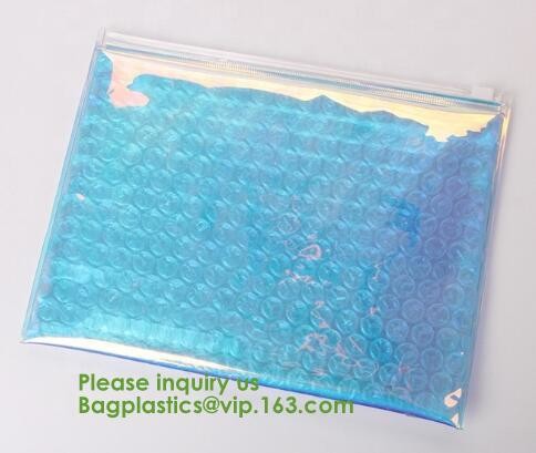 Compostable metallic glossy holographic private label bubble mailing bag, zip slider clear glitter bubble pouch bag