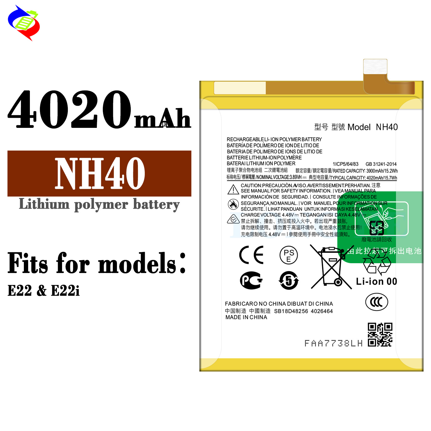 100% Compatible Replacement Battery for Motorola E22 Phone NH40 Battery Code 4020mAh