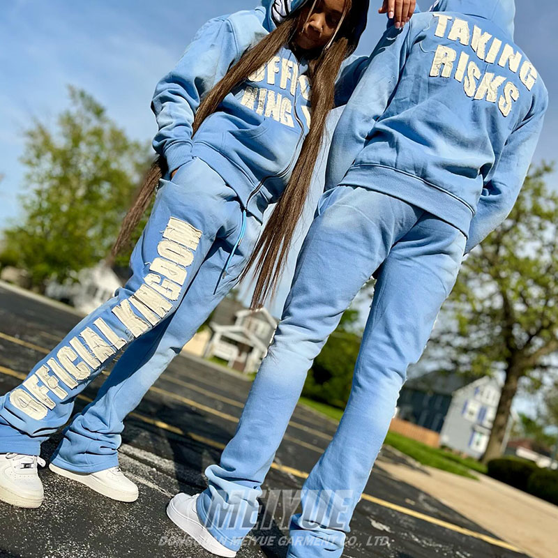 ODM Distressed Tracksuit Full Face Zip Up Sweatshirt And Joggers Set Puff Embroidered