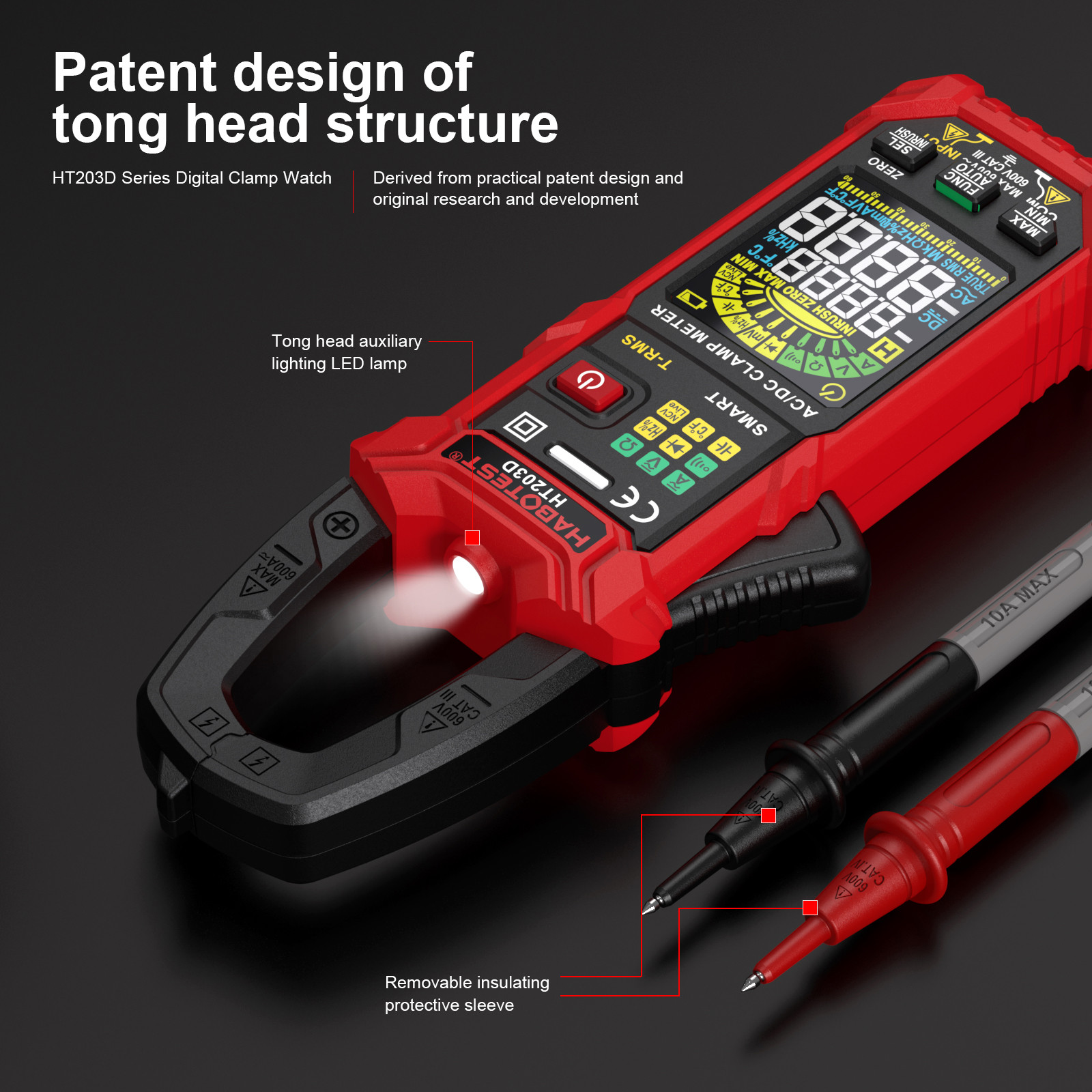 HT203D Digital Clamp Meter Multimeter AC Current And AC/DC Voltage Tester With Amp Ohm Continuity Hz Tester Voltmer