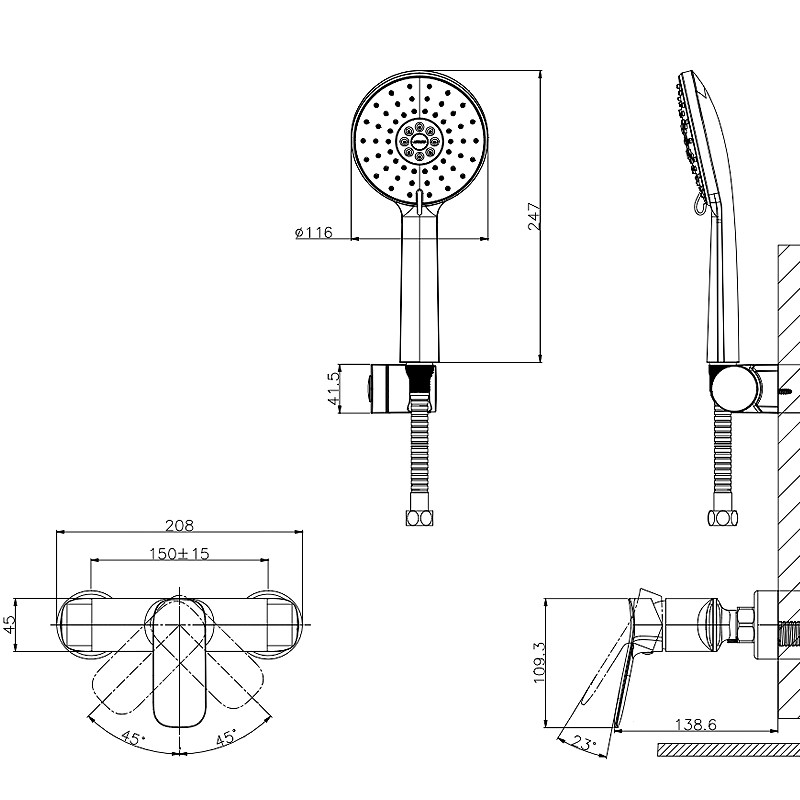 Wall Mounted 1-function Handspray With Shower Hose