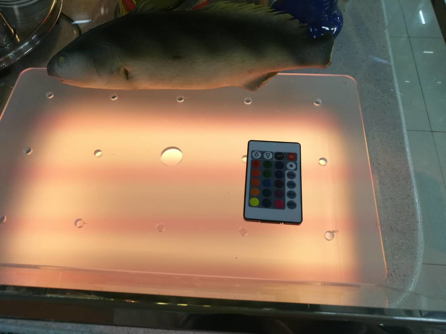 RGB LED Ice Tray with Draining Plate, Transparent Acrylic Seafood Salmon Buffet Display Station
