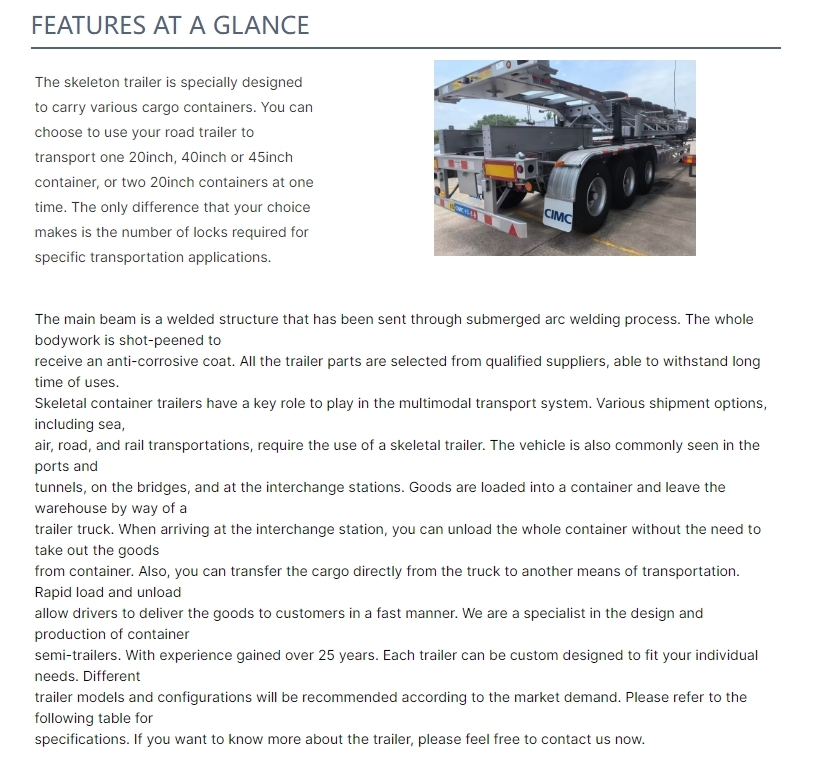 High Quality Heavy Load Capacity Trailer Skeleton Parts Container Transportation