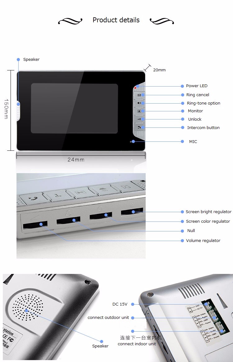 Waterproof CMOS Camera and AC100~240V Power color video door phone 7 inch CK-105wireless door bell