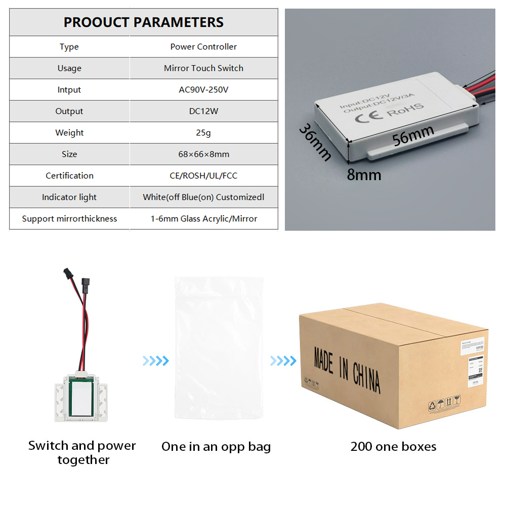 12V Single Key Smart LED Mirror Touch Sensor Switch for Dimmer Touch Switch at Direct