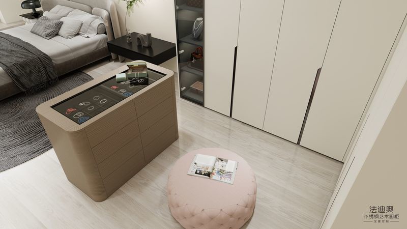 Fadior Elegant Stainless Steel Walk-In Closet With Wood Grain Island And Multiple Storage Solution