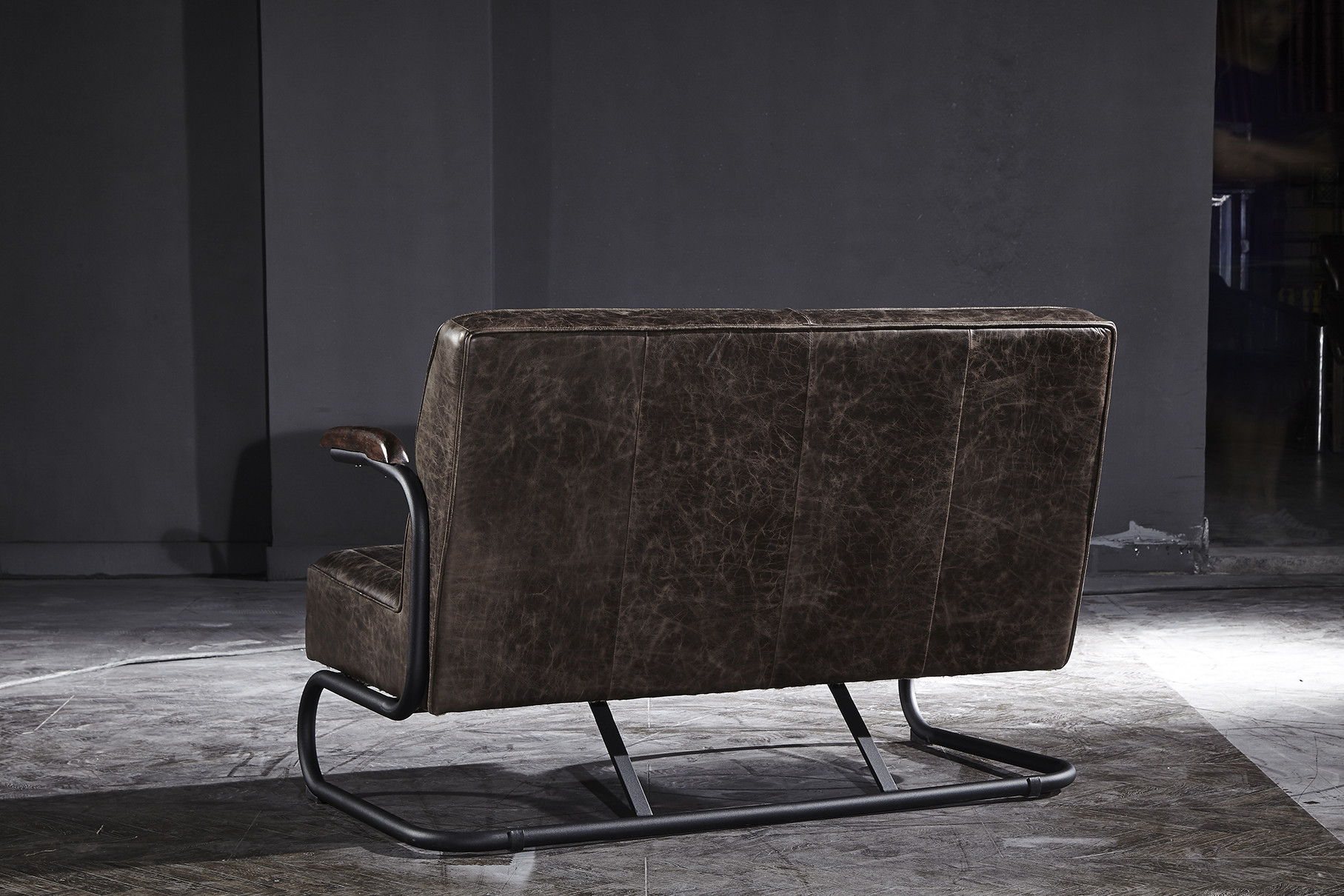 Iron Frame 2 Seater Leather Sofa Metal Legs Solide Wood Armrest Office Application