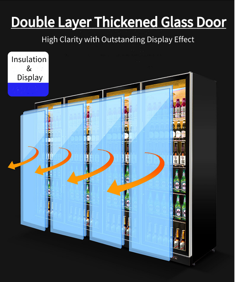 220V-240V Vertical Display Fridge , Multicolor LED Upright Glass Door Chiller