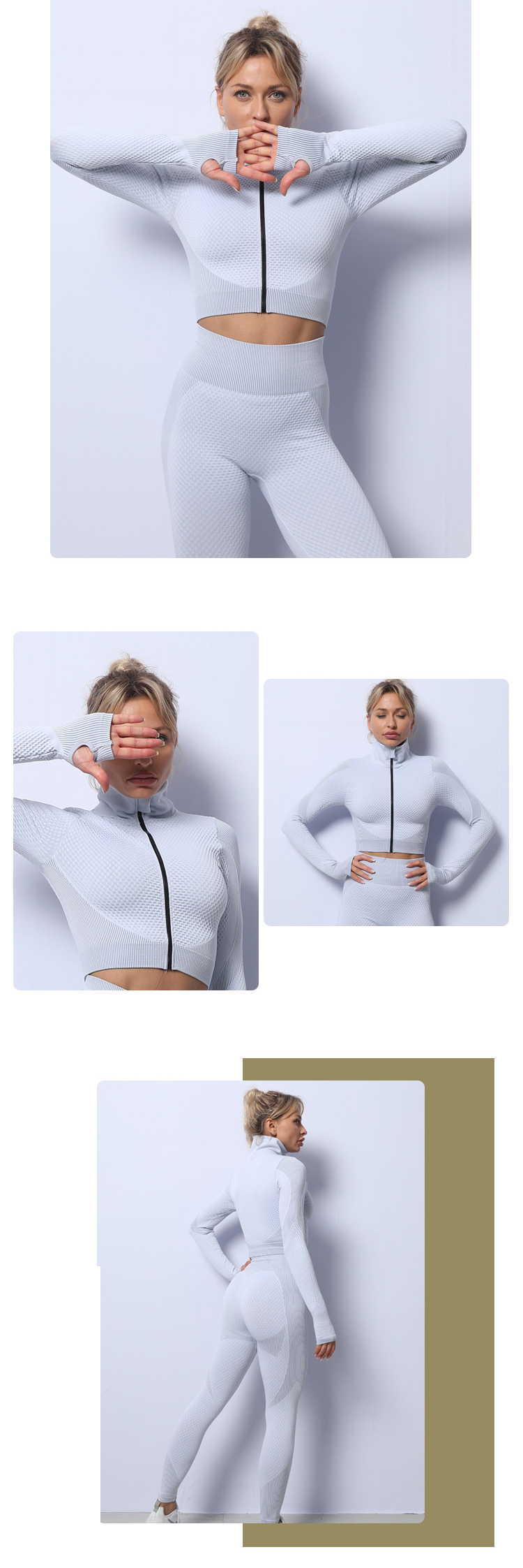 ZHIHUI Zipper Seamless Yoga Sets Sweat Wicking Zip Up Long Sleeve Crop Top