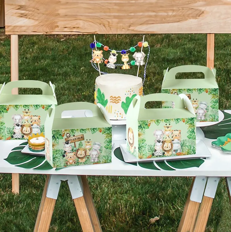 Custom Animal Print Handle Paper Box for Kids' Jungle Theme Birthday and Baby Shower