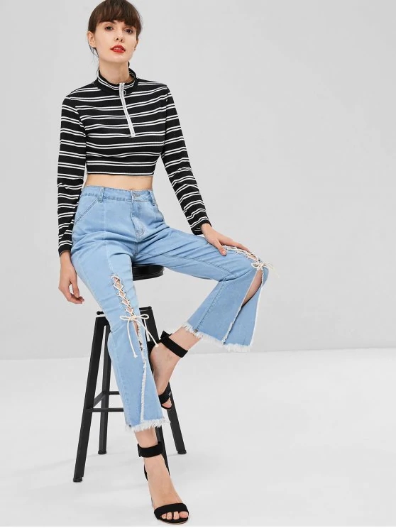 Trendy Women Clothing Stripe Long Sleeve O Ring Zip Crop Tee Top