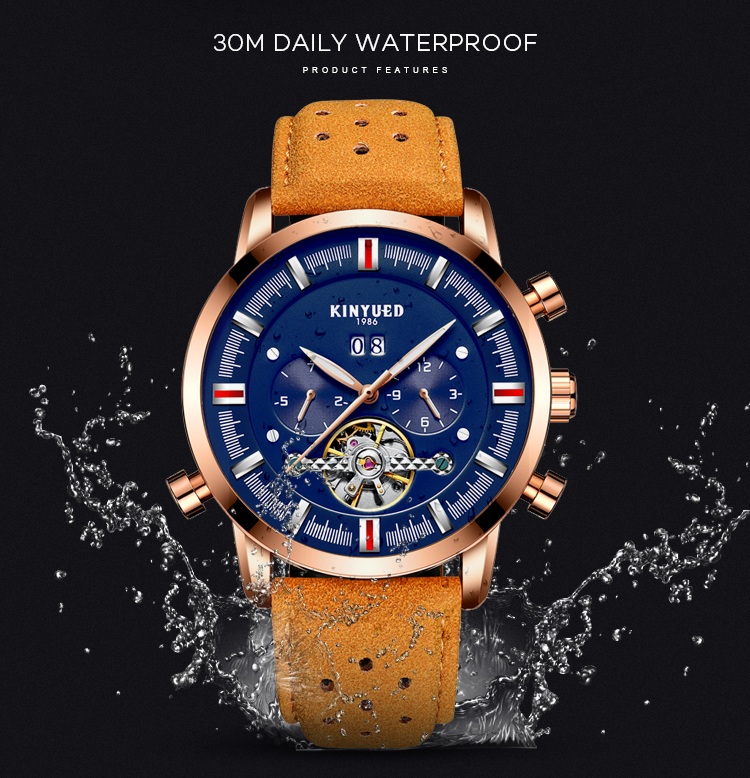KINYUED J019-3 Private Label Gold Case Genuine Leather Auto Date Skeleton Tourbillon Automatic Mechanical Wristwatches