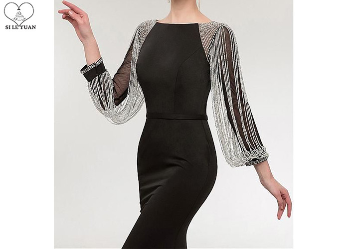 Stretch Fabric Black Long Sleeve Mermaid Prom Dress Tassels Sleeves Sweep Train