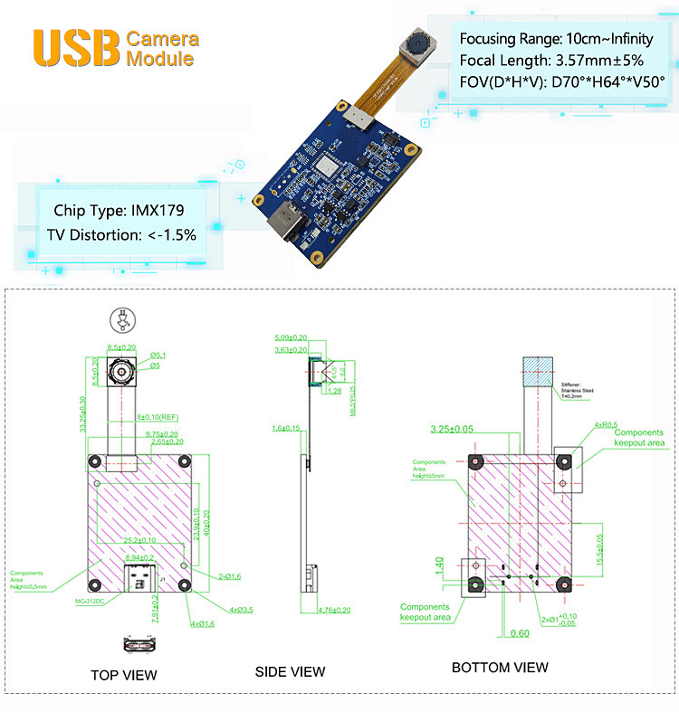 8 Megapixel HD Sony IMX179 Sensor Separate USB Camera Module For Scanning