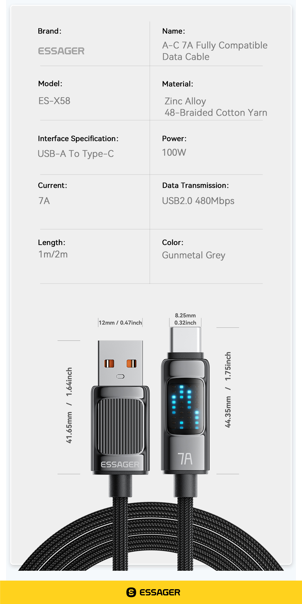 7A Max 100W USB A To C Type C Charging Cable ESSAGER ES-X58 Series