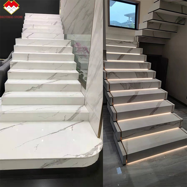 White Black Grey Gold Customized Polished Calacatta Marble Look Porcelain Tile Stairs