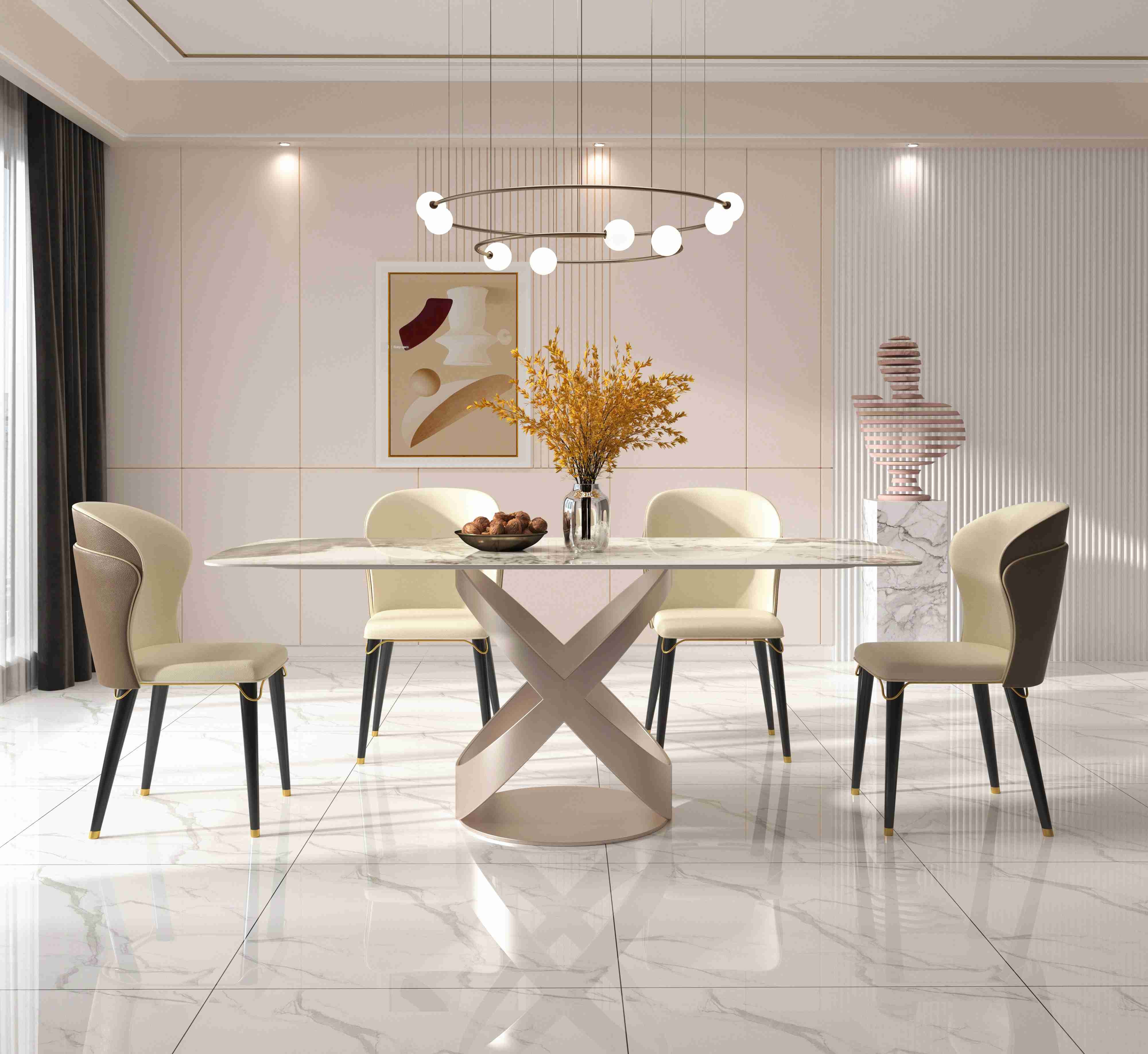 Luxury Contemporary Dining Table Chair Sets With X Stainless Teel Base