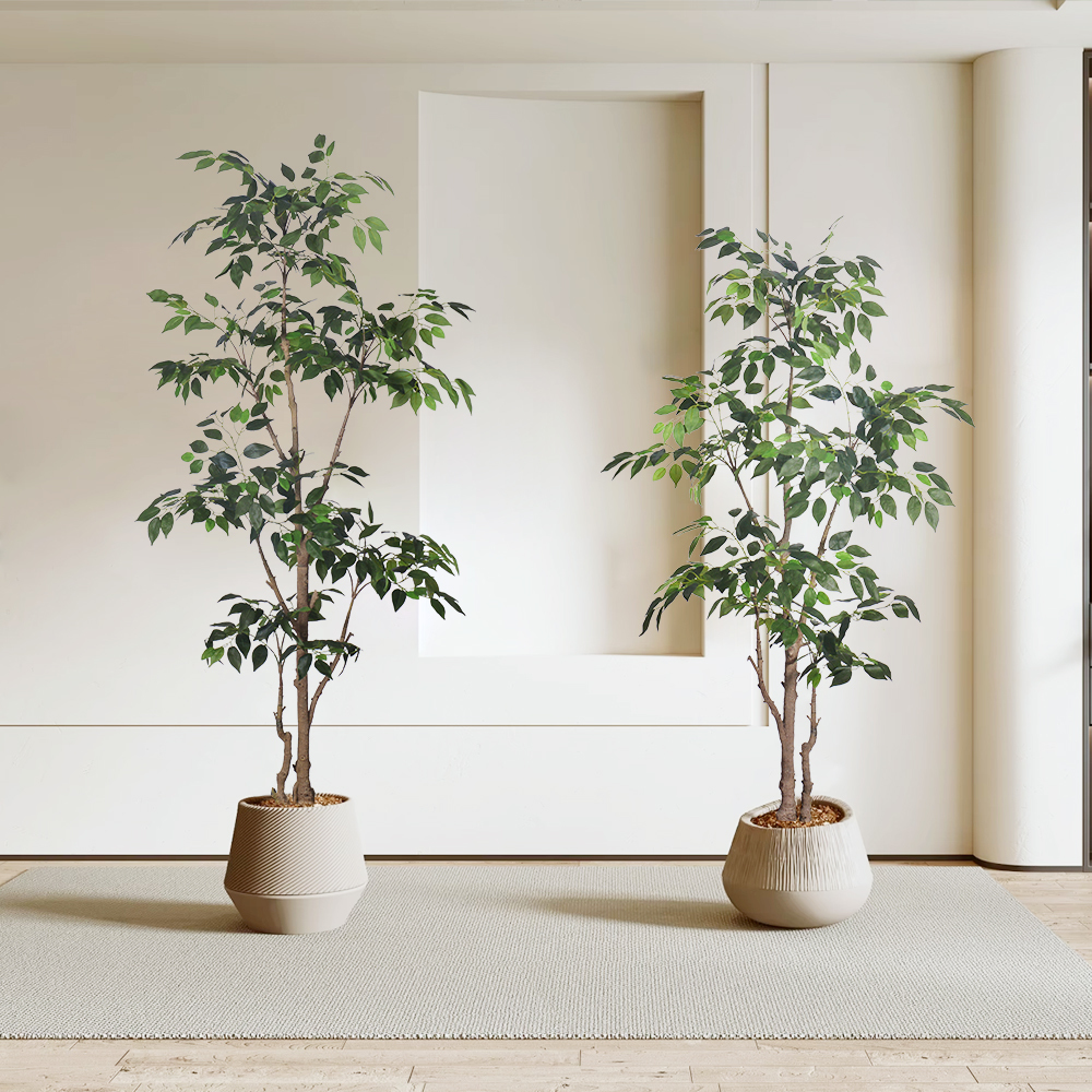 Haihong Manufacturer silk leaves 6 ft artificial ficus tree​ and Natural Trunk, Faux Ficus Tree with Plastic Pot, Fake Ficus Tree for Office Home