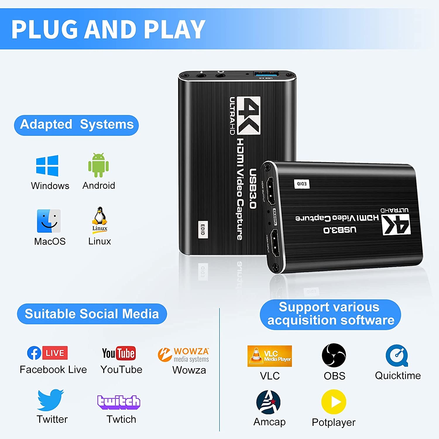 4Kp60 Audio Video Capture Card , USB3.0 1080P 60fps Portable Video Converter