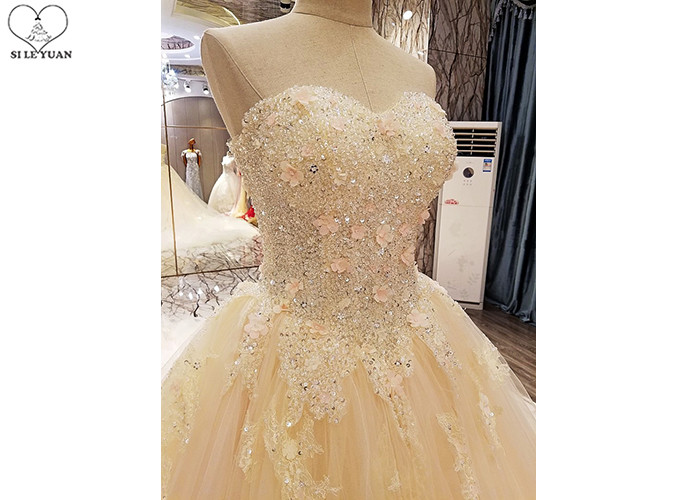 Comfortable Strapless Ladies Bridal Gown Cream Princess Long Tulle Tail
