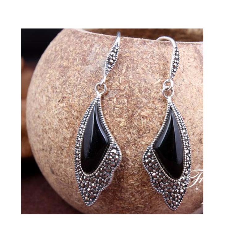 Sterling Silver Black Onyx Drop Earrings Wing Style Women Jewelry ( E019362BLACK)