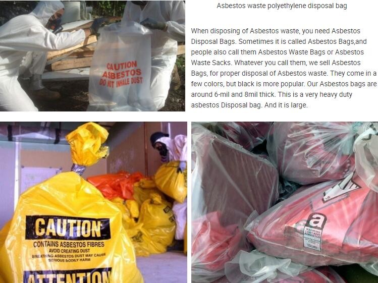 PE packing bag for Asbestos fibers, large size thicker LDPE asbestos remove bags, Large Asbestos Waste Removal Bags, pac