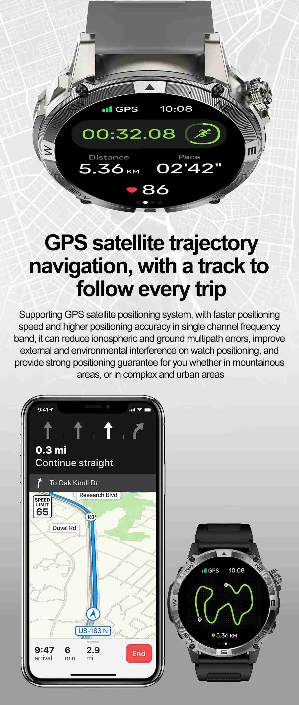 HK08 Android Sport Smart Watch 1.43inch Amoled Outdoor GPS and Altitude Waterproof