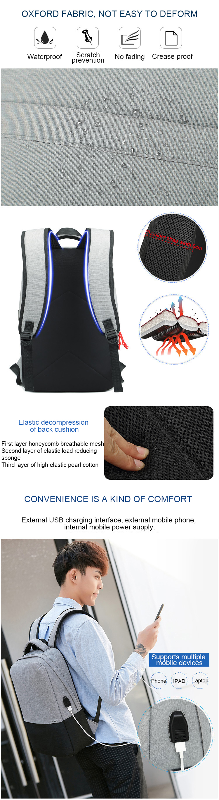 15L Lightweight Laptop Backpack With USB Charging Port 0.45kg